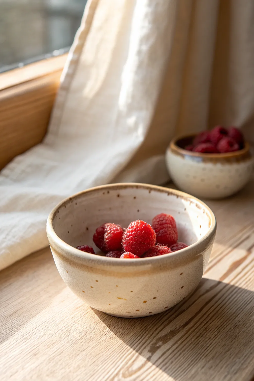 Warm speckled stoneware snack bowl filled with berries, cozy minimalist style for daily moments.