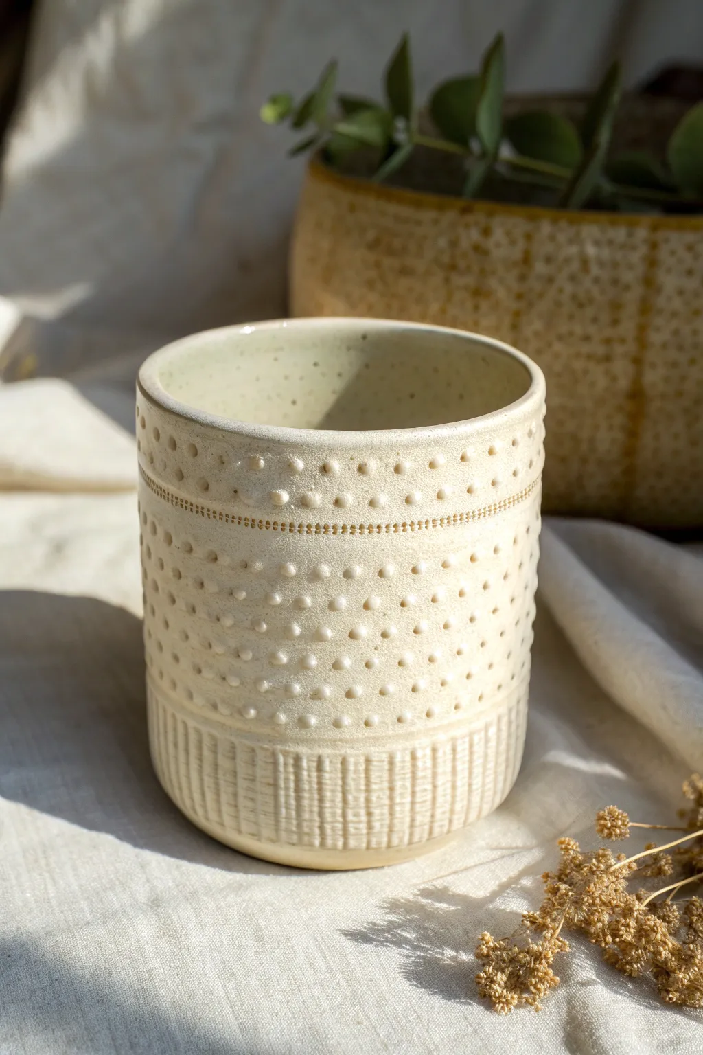 Dot-and-dash carving adds subtle sparkle and a soothing, touchable texture to a simple tumbler.