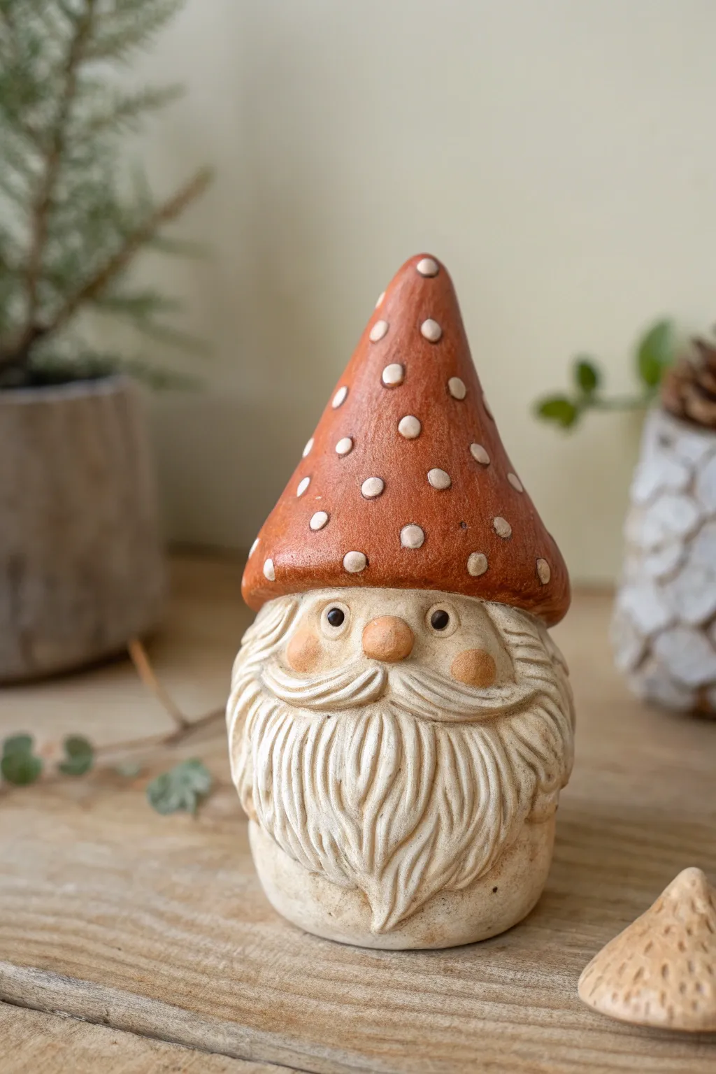 Whimsical mushroom-hat clay gnome in earthy tones, perfect for a cozy forest-inspired shelf.