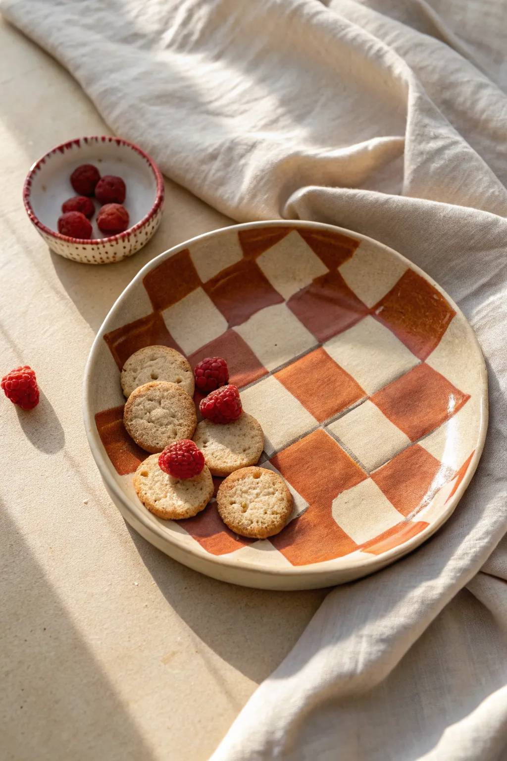Chunky checkerboard snack plate with sweet bites, a playful minimalist touch for any table.