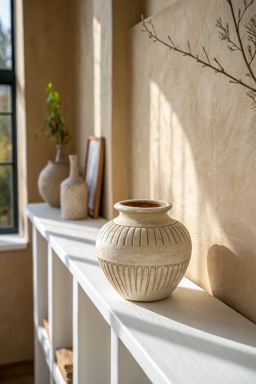 Minimal white shelf styling: one centered handmade pot, plenty of space for a calm gallery feel.