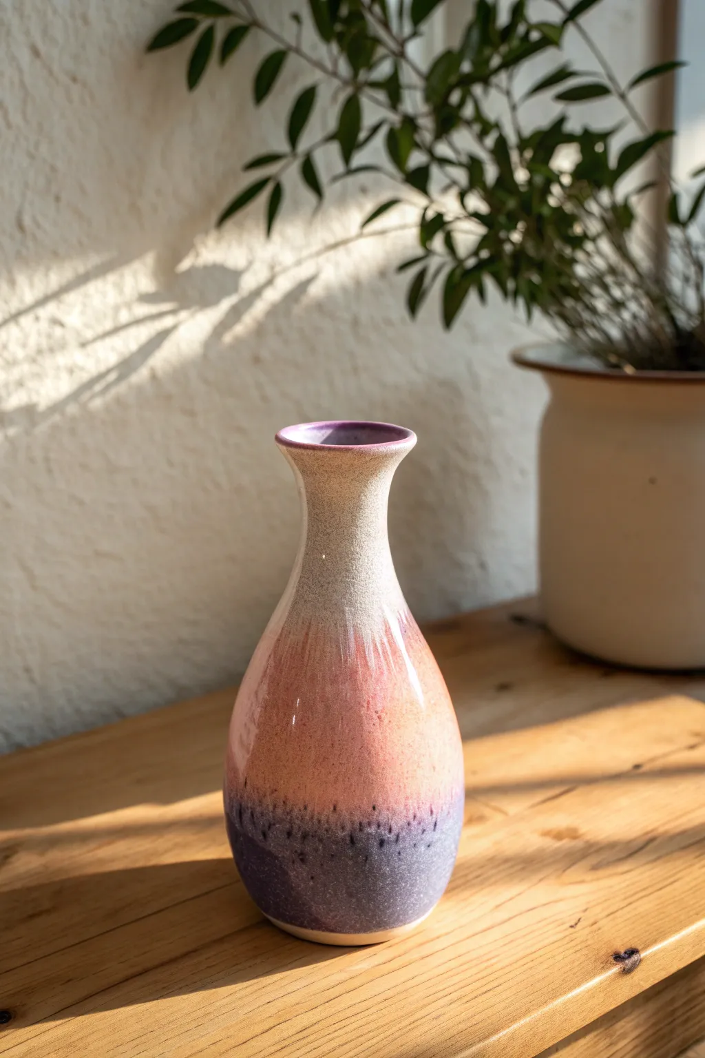 Soft sprayed glaze fades from blush to indigo, creating a velvety misty gradient on a bud vase.