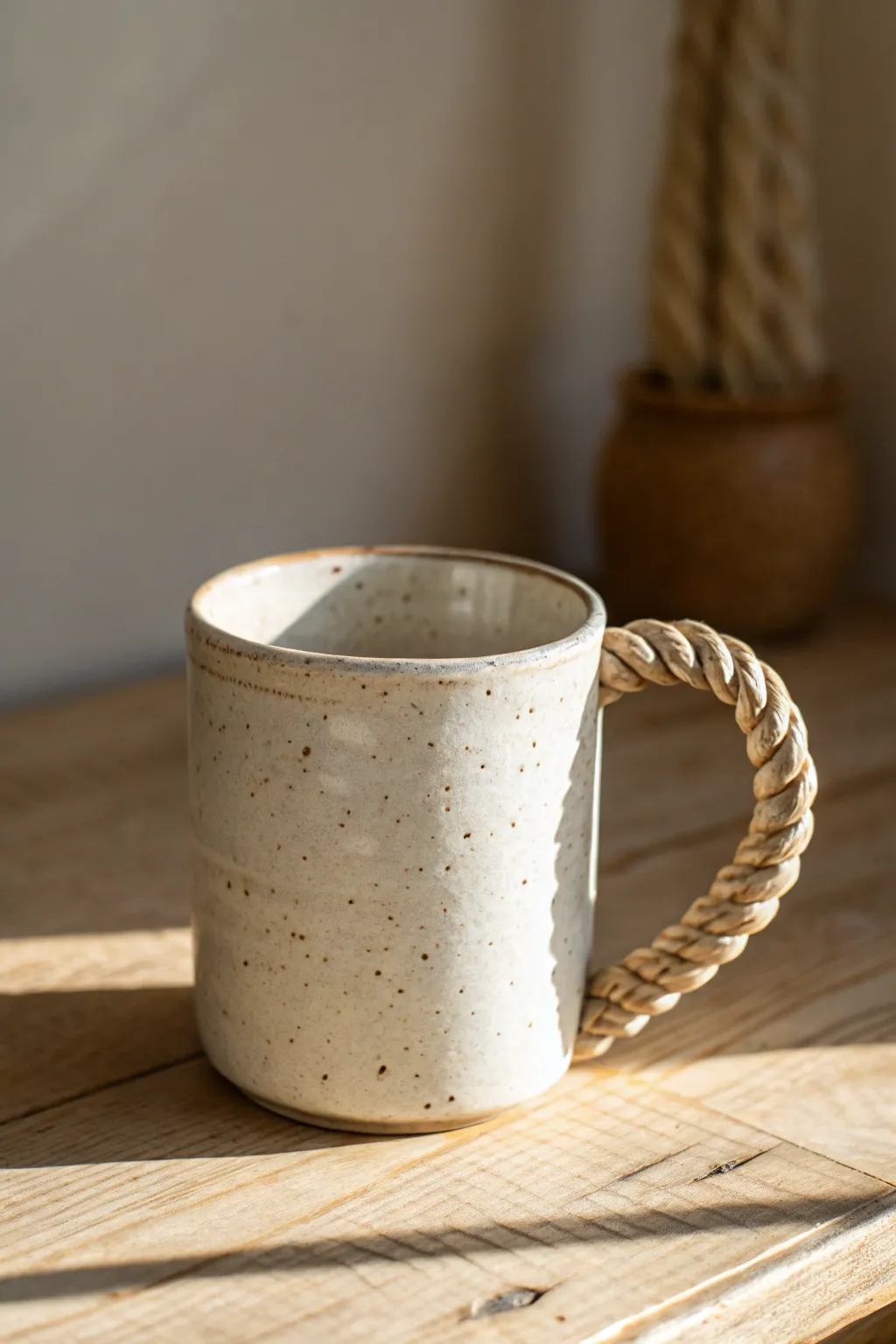 Satin glazed mug with a three-strand braided coil handle, minimal Scandinavian style with boho warmth.