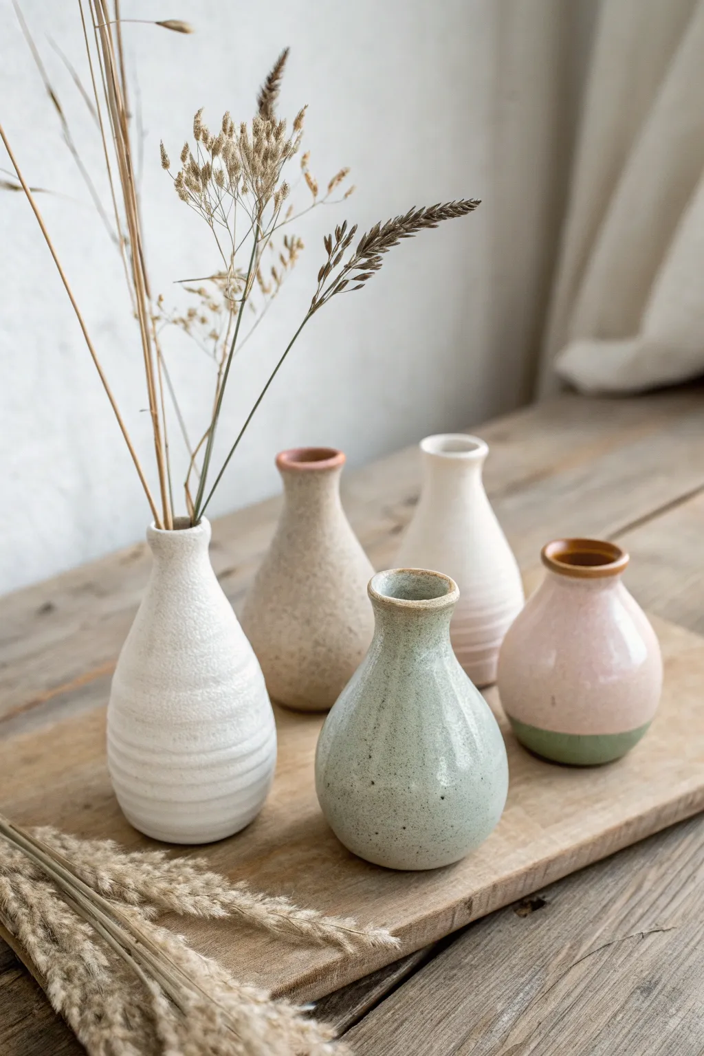 Beginner-friendly mini bud vases in mixed shapes, softly glazed and styled with single stems.