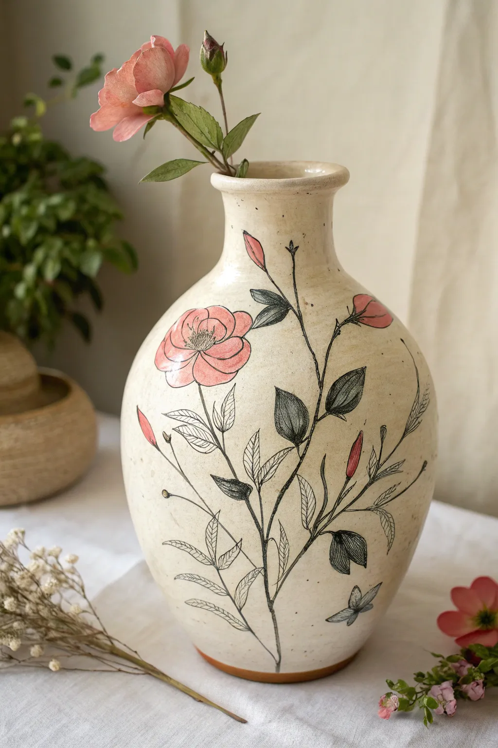 Loose wild roses with sketchy outlines, soft blush fills, and airy gaps on a minimalist vase