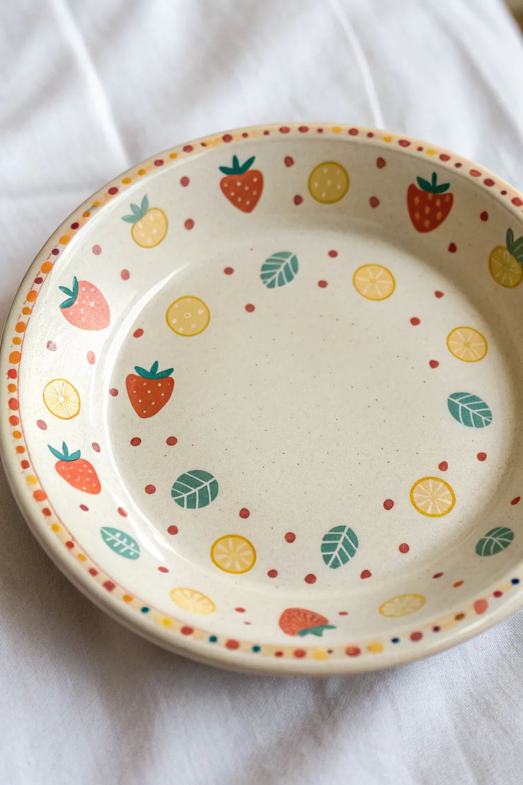 Tiny fruit repeat print on a handmade plate, cheerful yet minimal for a bright modern table.
