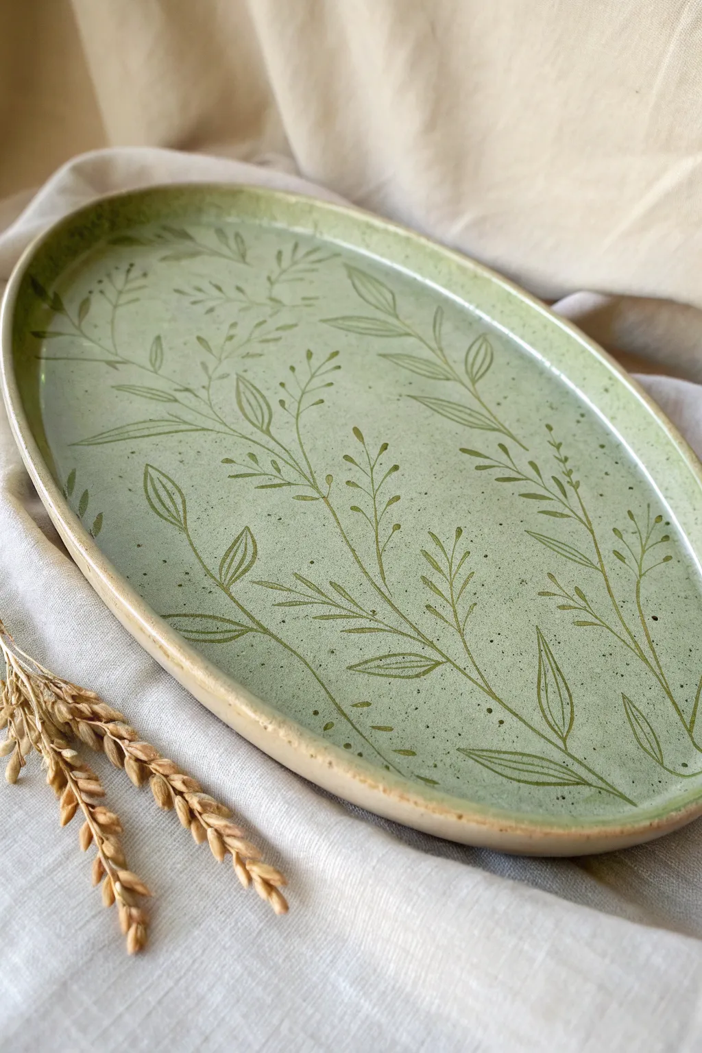 Minimal sgraffito botanical platter with carved vines, warm clay contrast and natural linen calm