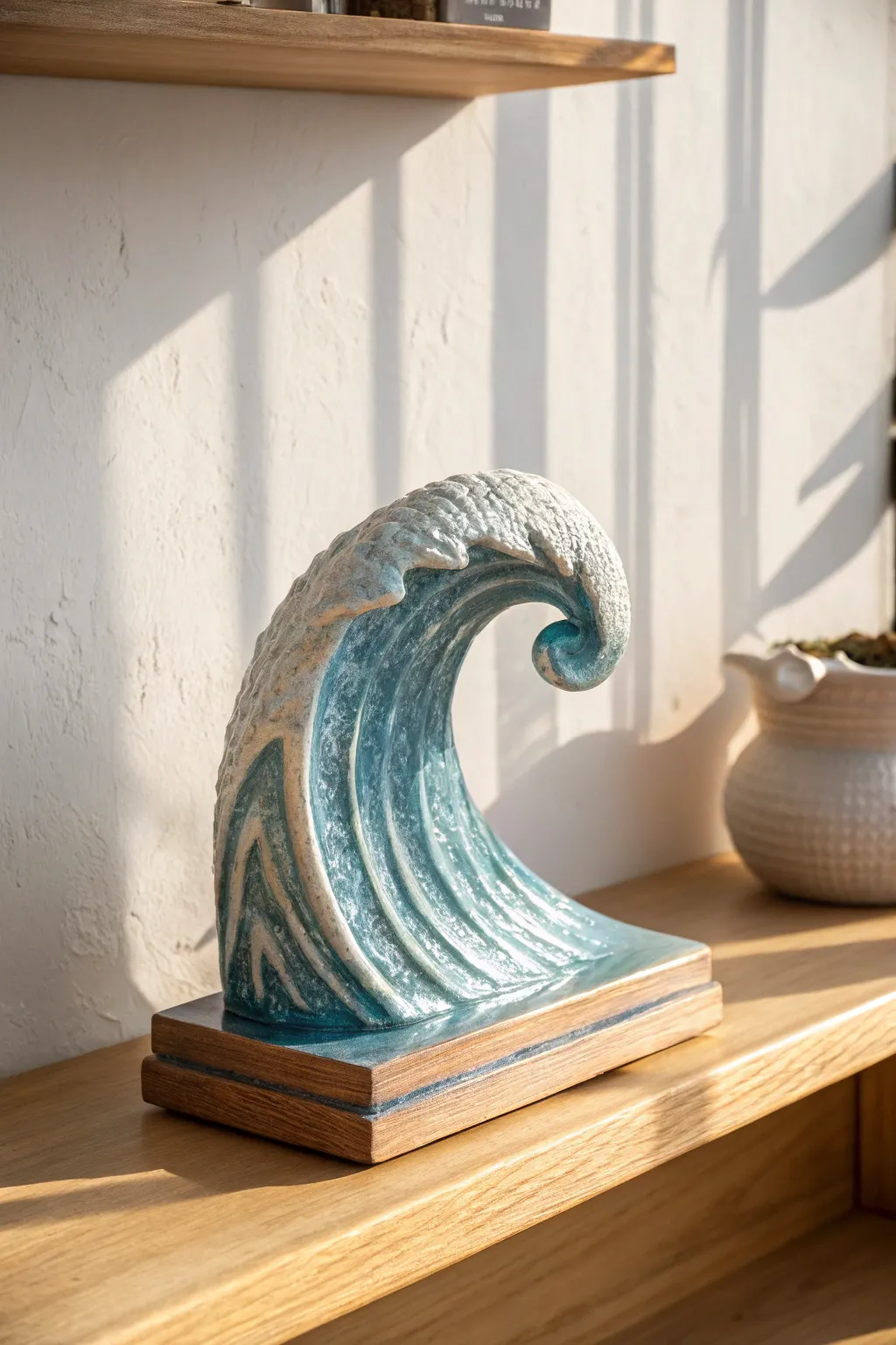 Glossy blue carved wave sculpture with airy texture, minimalist styling, and serene coastal feel