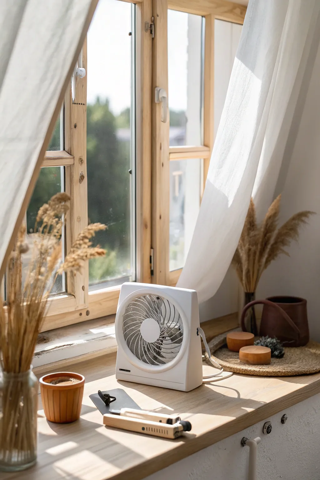Fresh-air pottery studio idea: a simple window exhaust fan to reduce clay dust and fumes.