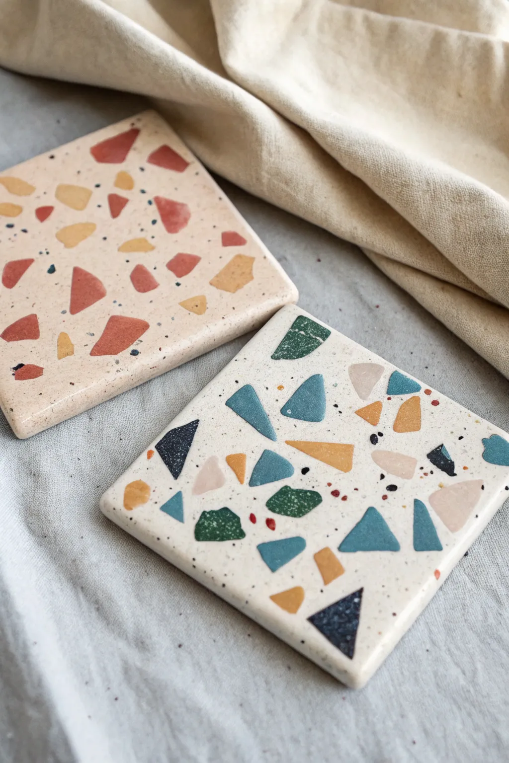 Bright and muted terrazzo clay inlay tiles, clear-glazed smooth for modern Scandinavian boho style