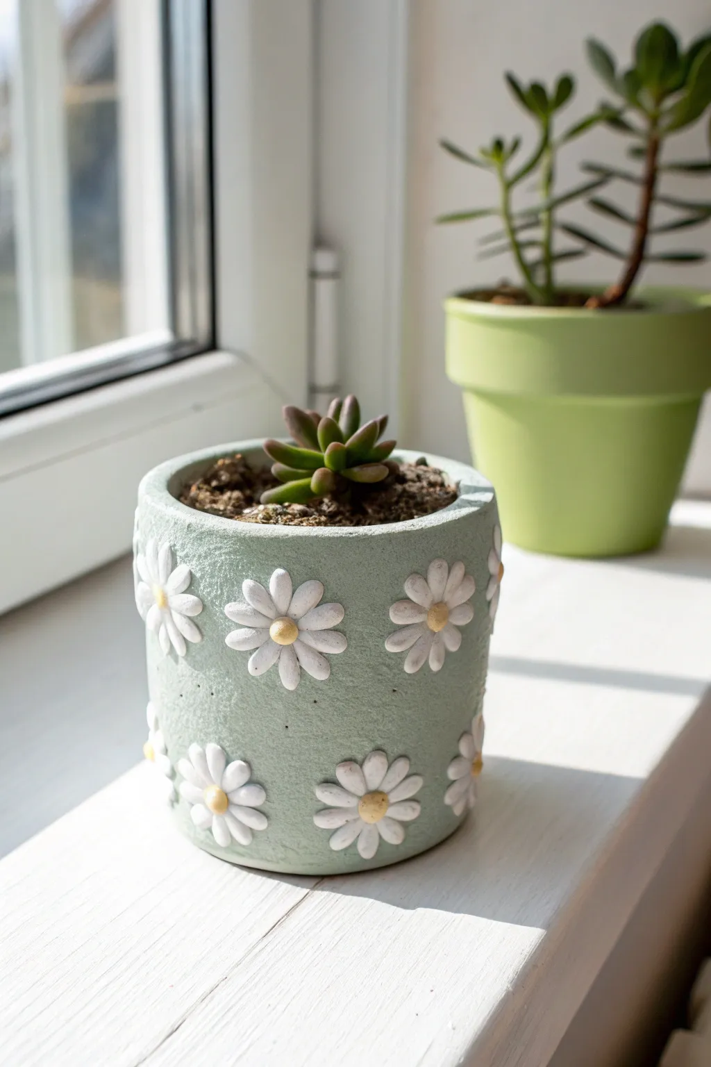 Sage green mini planter with sweet 3D daisies, glowing on a sunny sill with a tiny succulent.