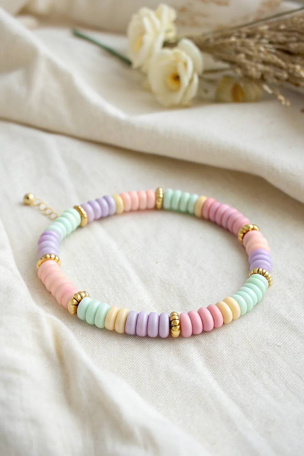 Pastel sorbet rainbow heishi bracelet with clean preppy contrast and minimalist charm
