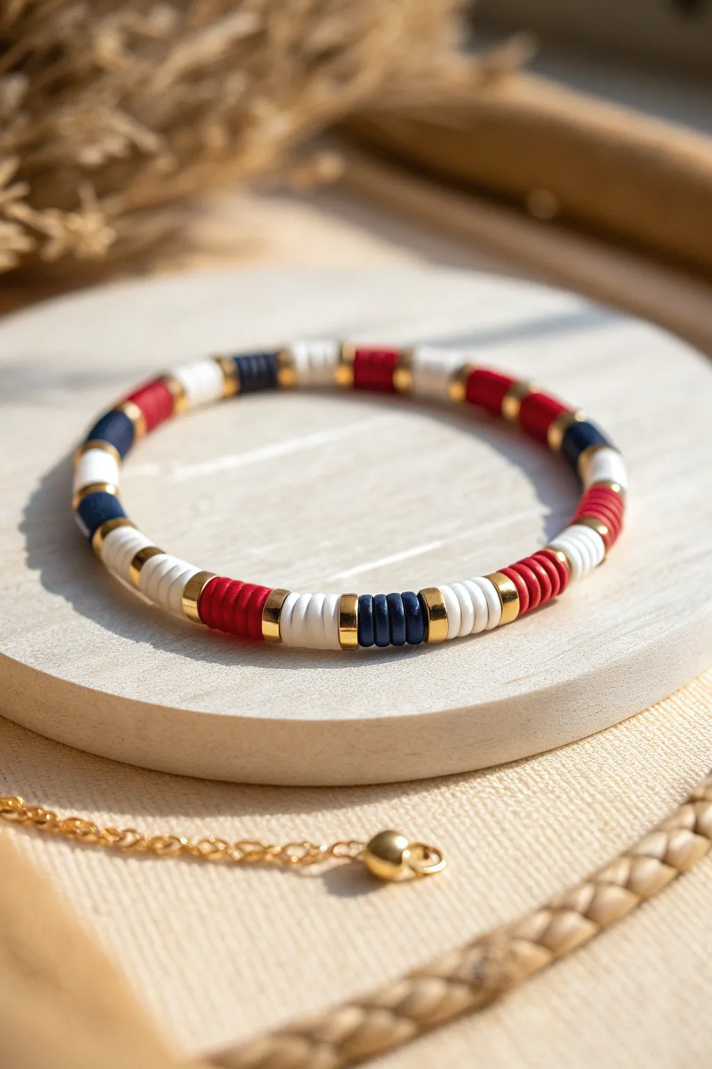 Nautical-prep clay heishi bracelet in navy, red, and white stripes with gold spacer accents