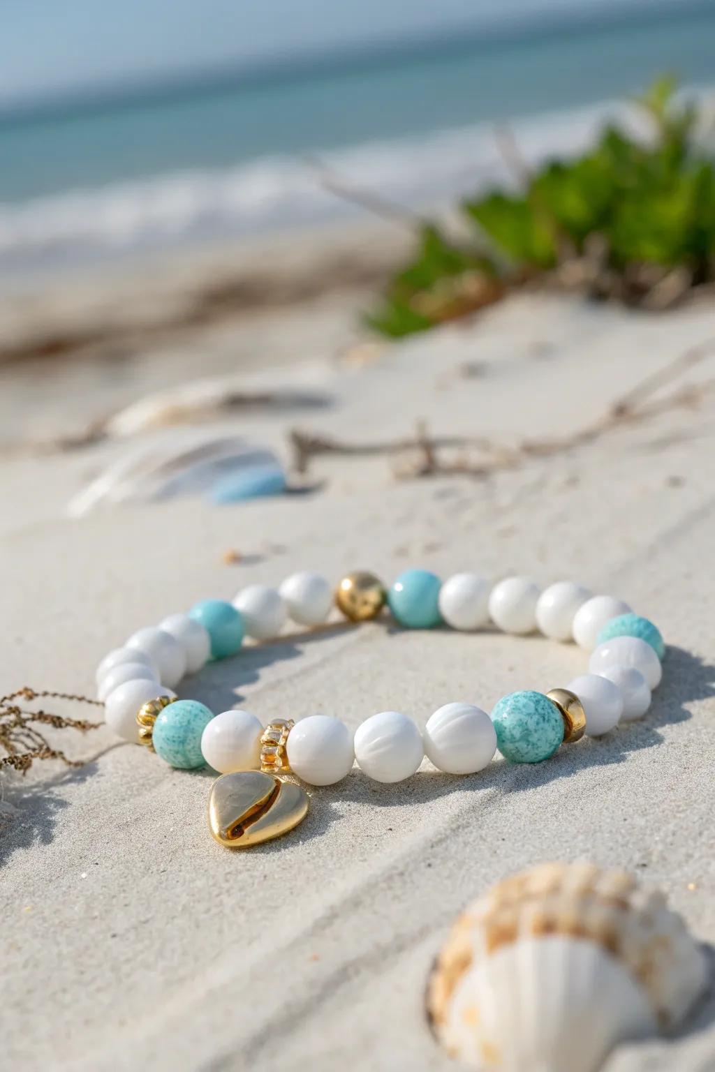 White and aqua clay bead stack with a single shell charm for an easy coastal summer look