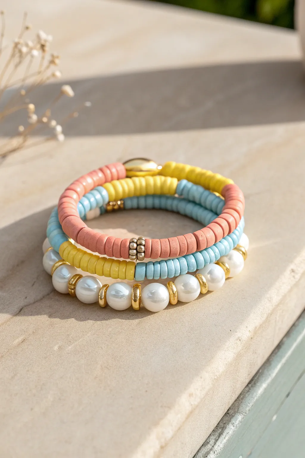 Preppy clay heishi stack with freshwater pearl texture breaks and tiny gold spacers.