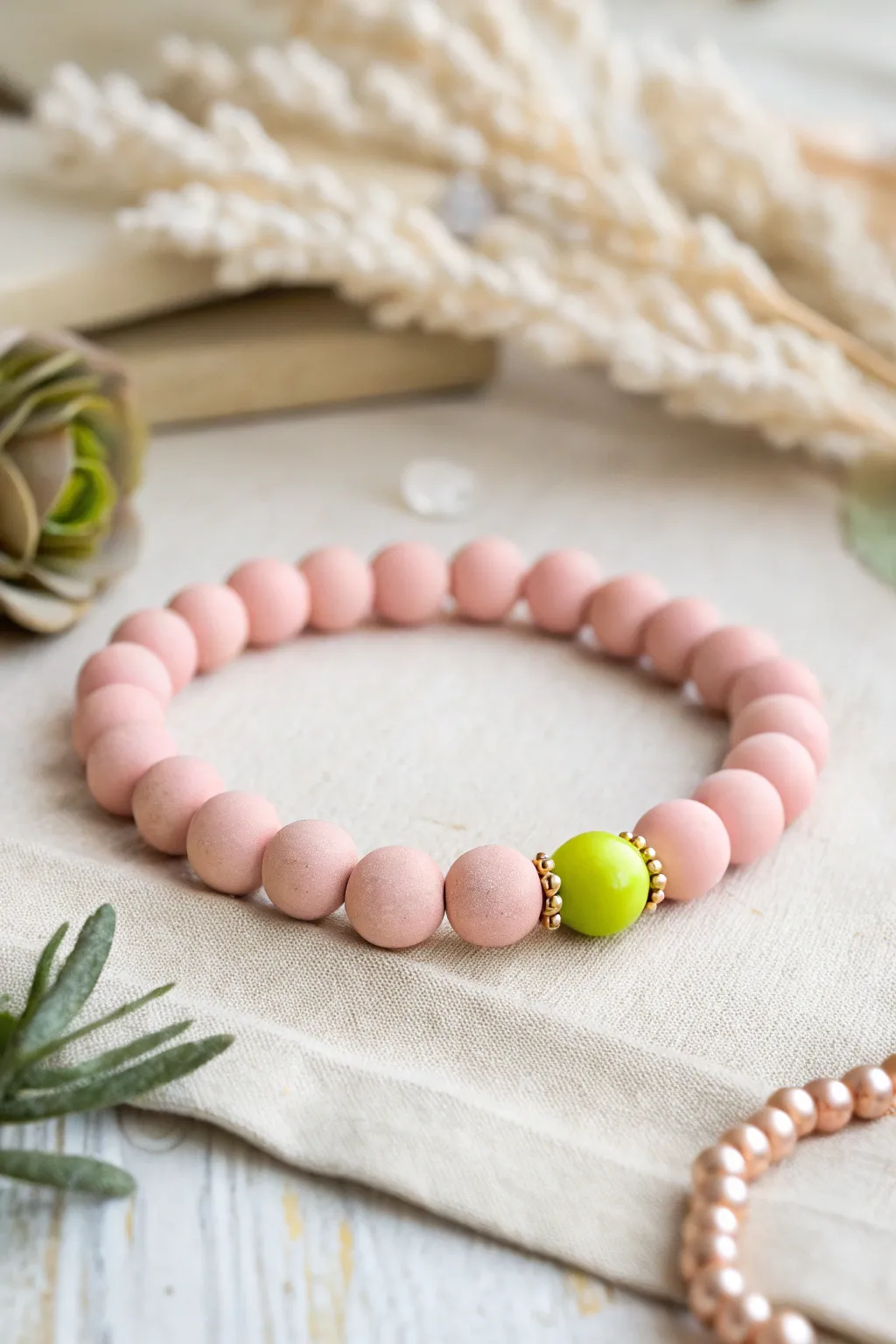 Monochrome pink clay bracelet with one pop bead for a clean, preppy stacked look