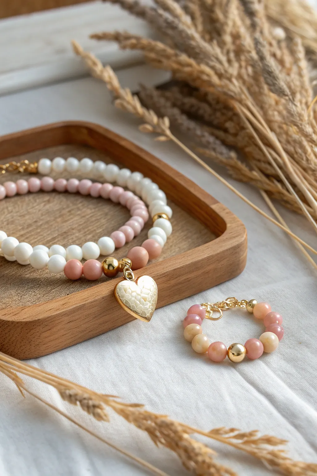 Blush and white clay beads with a tiny heart charm for an easy, preppy stacked look