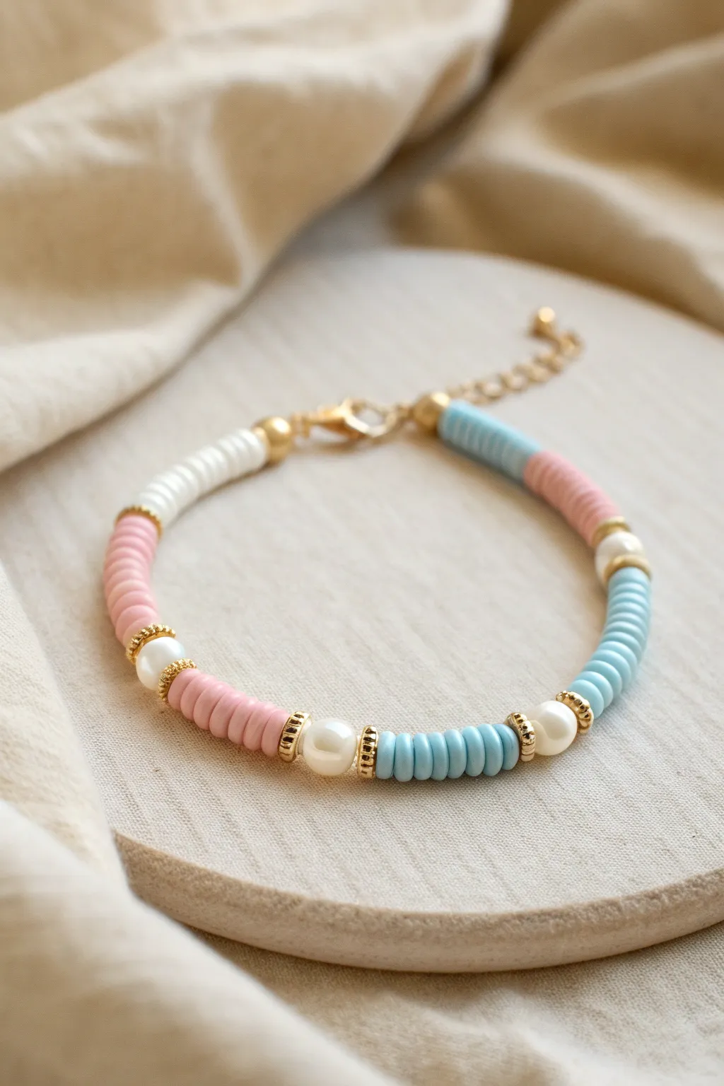 Pearl and pastel heishi clay beads for a polished, preppy bracelet with handmade charm