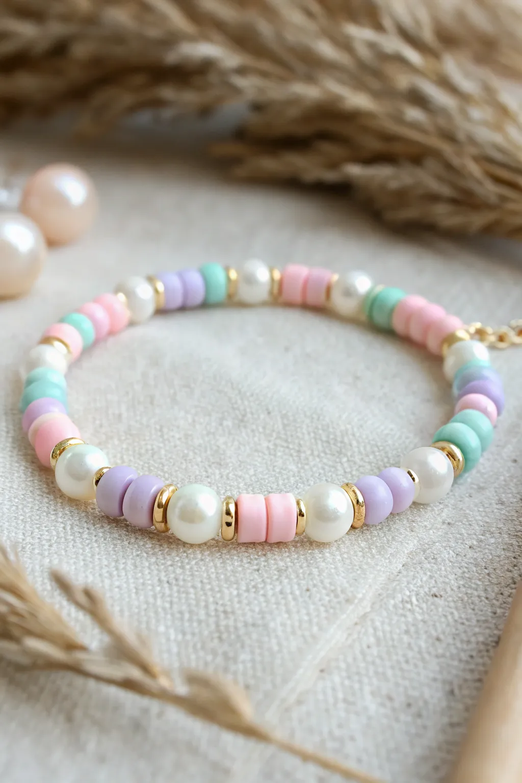 Preppy pearl and pastel heishi bracelet with gold spacers, clean minimalist summer vibe