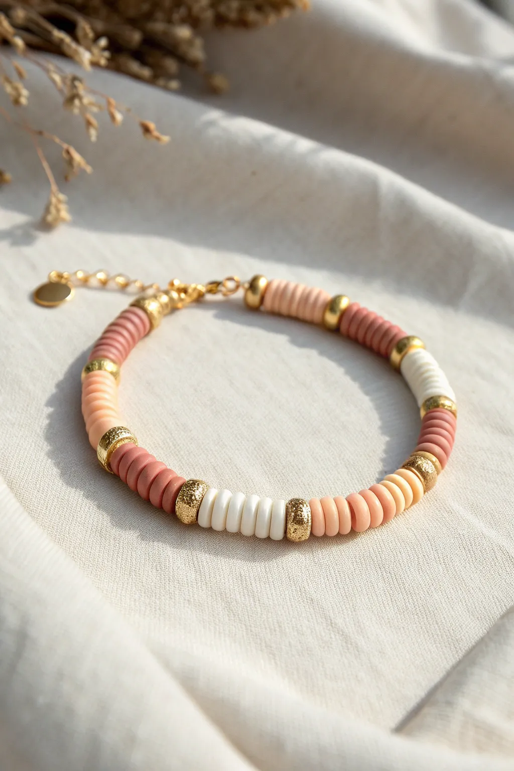 Minimal clay heishi bracelet with three gold charm stations, soft boho neutrals and clean symmetry.