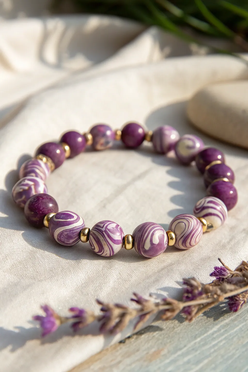 Marbled violet and white swirl clay beads with simple spacers for an elegant handmade look