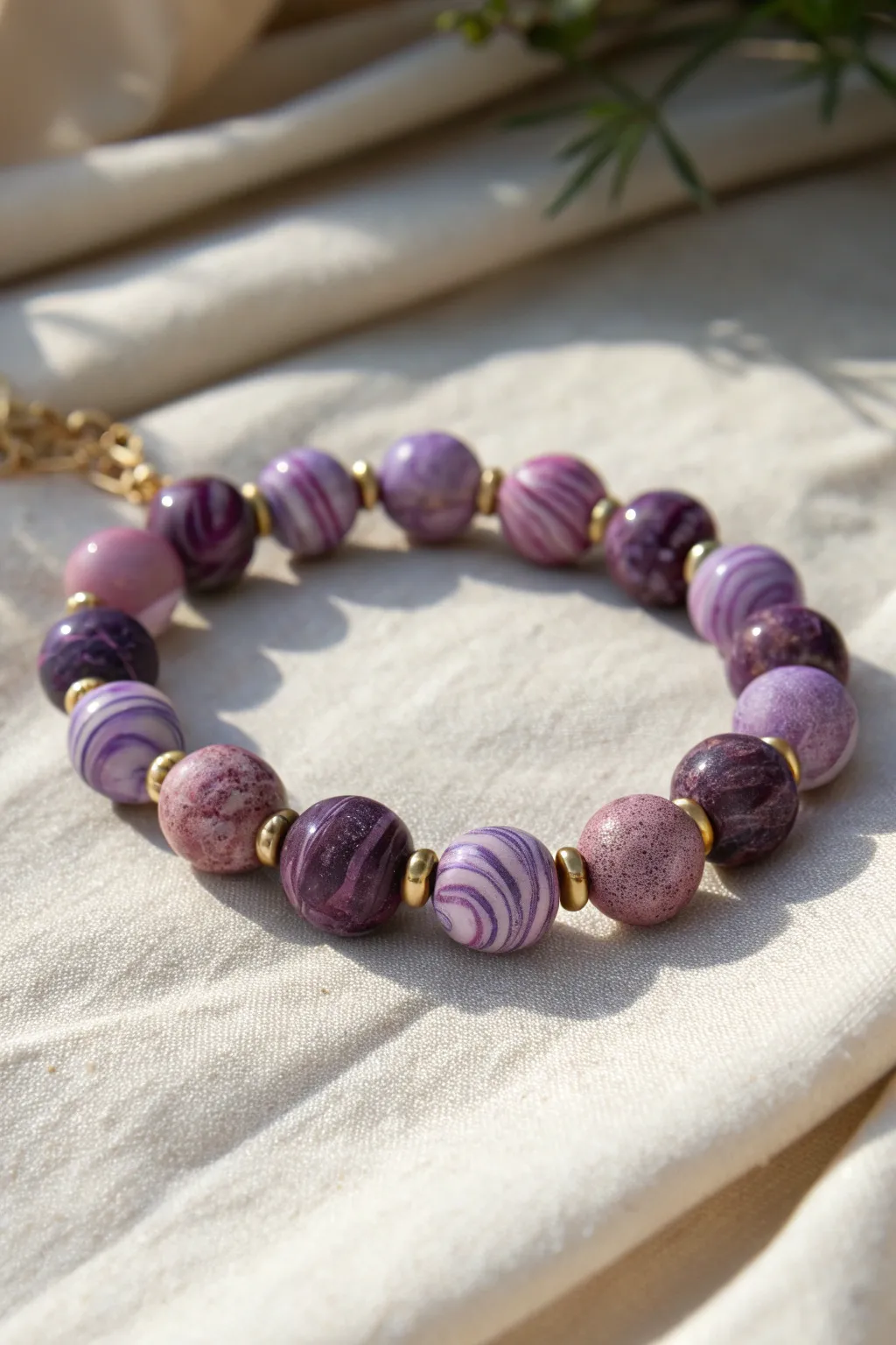 Marbled lavender and plum swirl bead bracelet for an easy, elegant pop of purple.