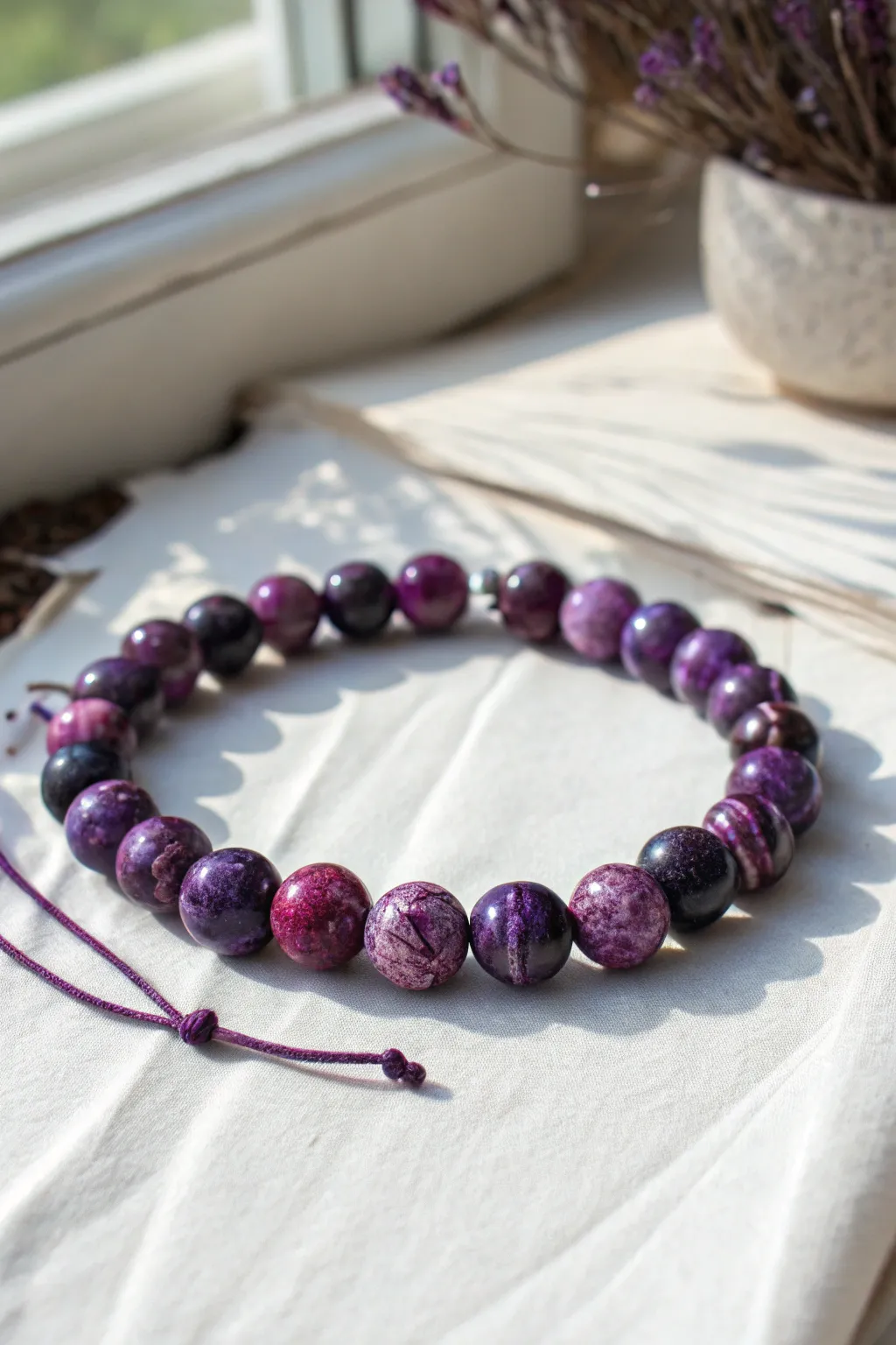 Galaxy swirl purple marble bead bracelet, minimalist boho look highlighting handmade clay beads.