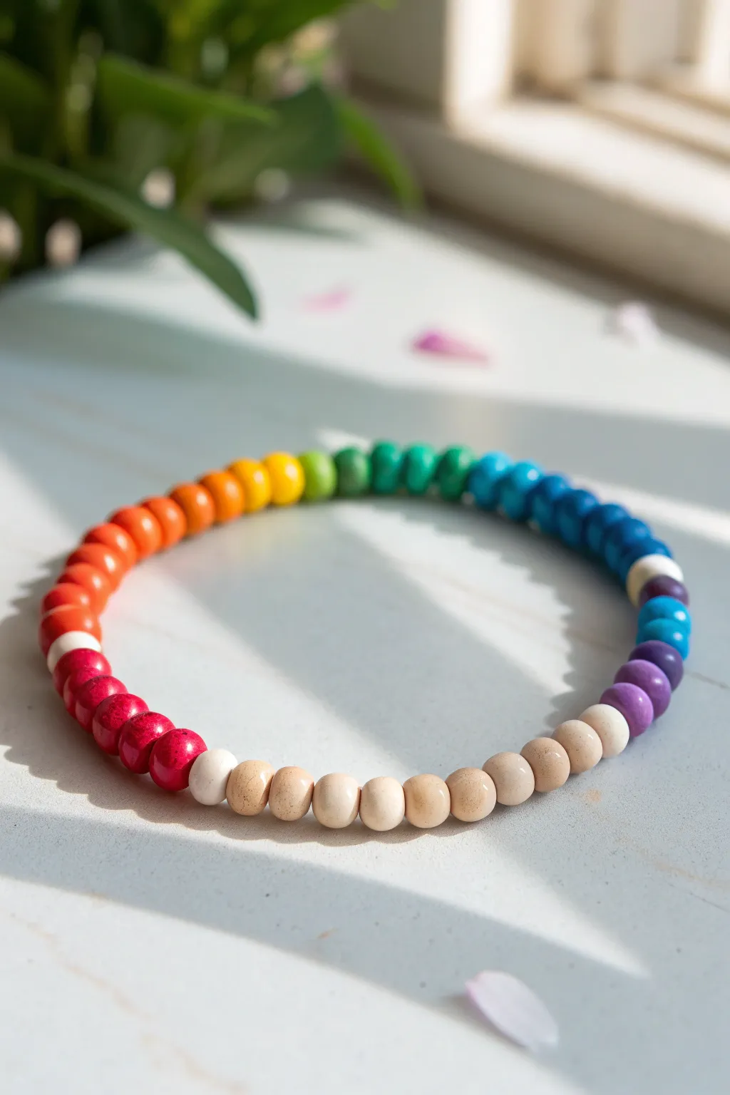 Mini rainbow repeats bracelet with tiny spacers, styled minimalist on a pale tabletop