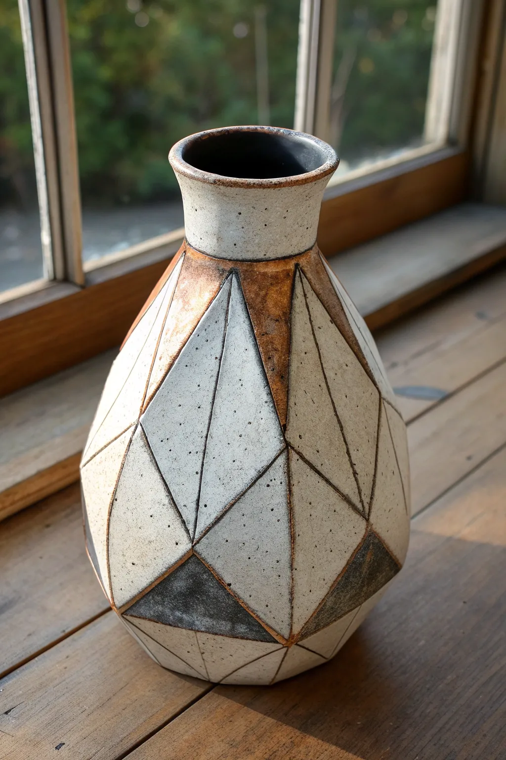 Faceted raku vase with smoky reduction valleys and subtle metallic luster along crisp edges.