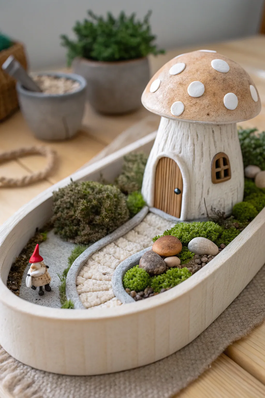 Mini fairy garden tray with a clay mushroom house, pebble path, and cozy gnome hat detail