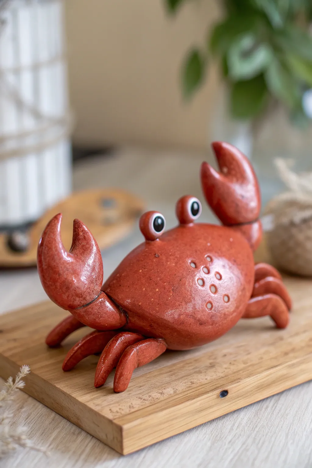 Adorable glossy red clay crab with chunky claws and pinch eyes, simple, sweet, and coastal chic.