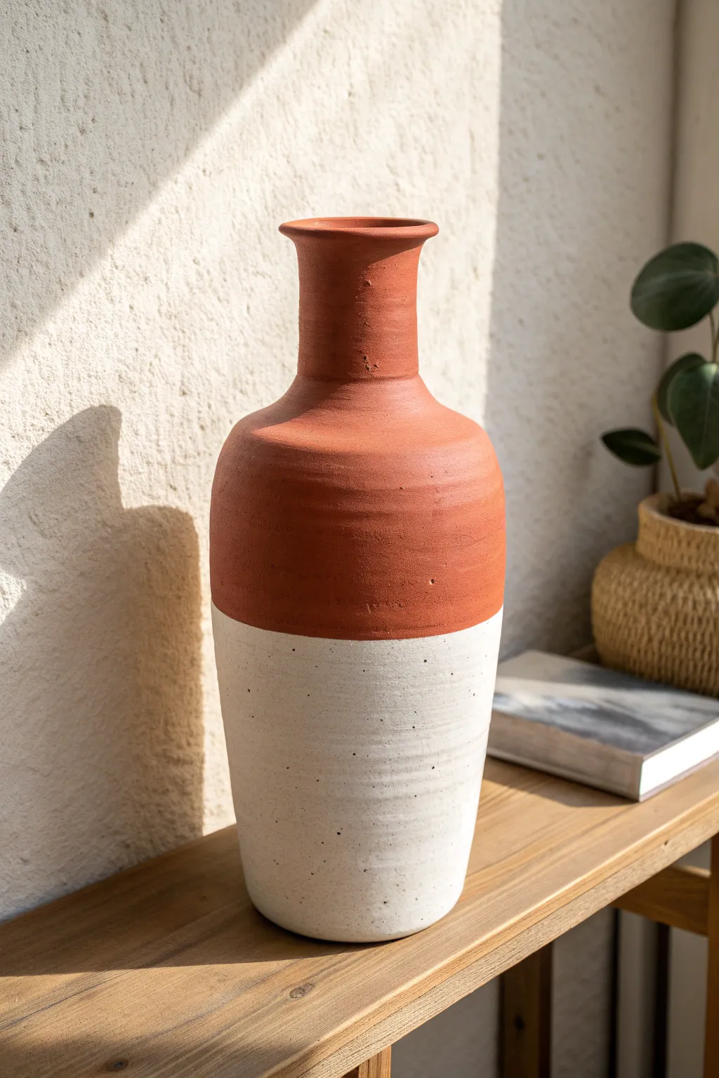 Half-dipped terracotta vase: raw red clay above, smooth white below for modern color blocking.