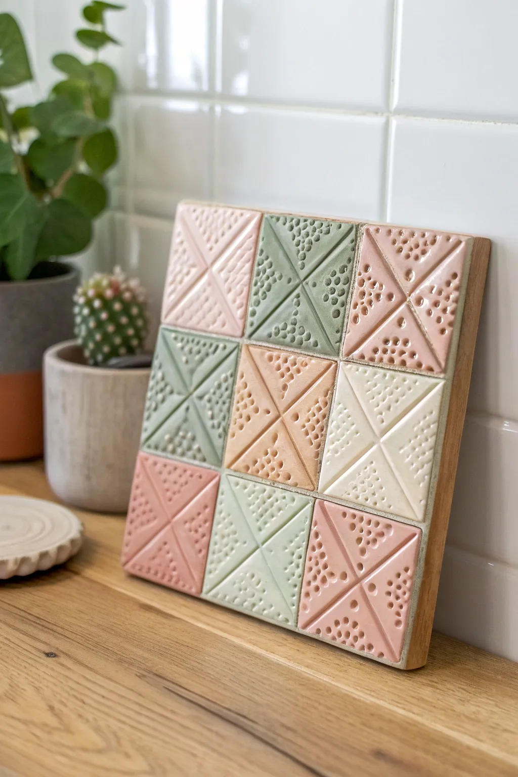 Quilt-block patchwork relief tile in soft vintage hues, simple raised patterns, clean and cozy.