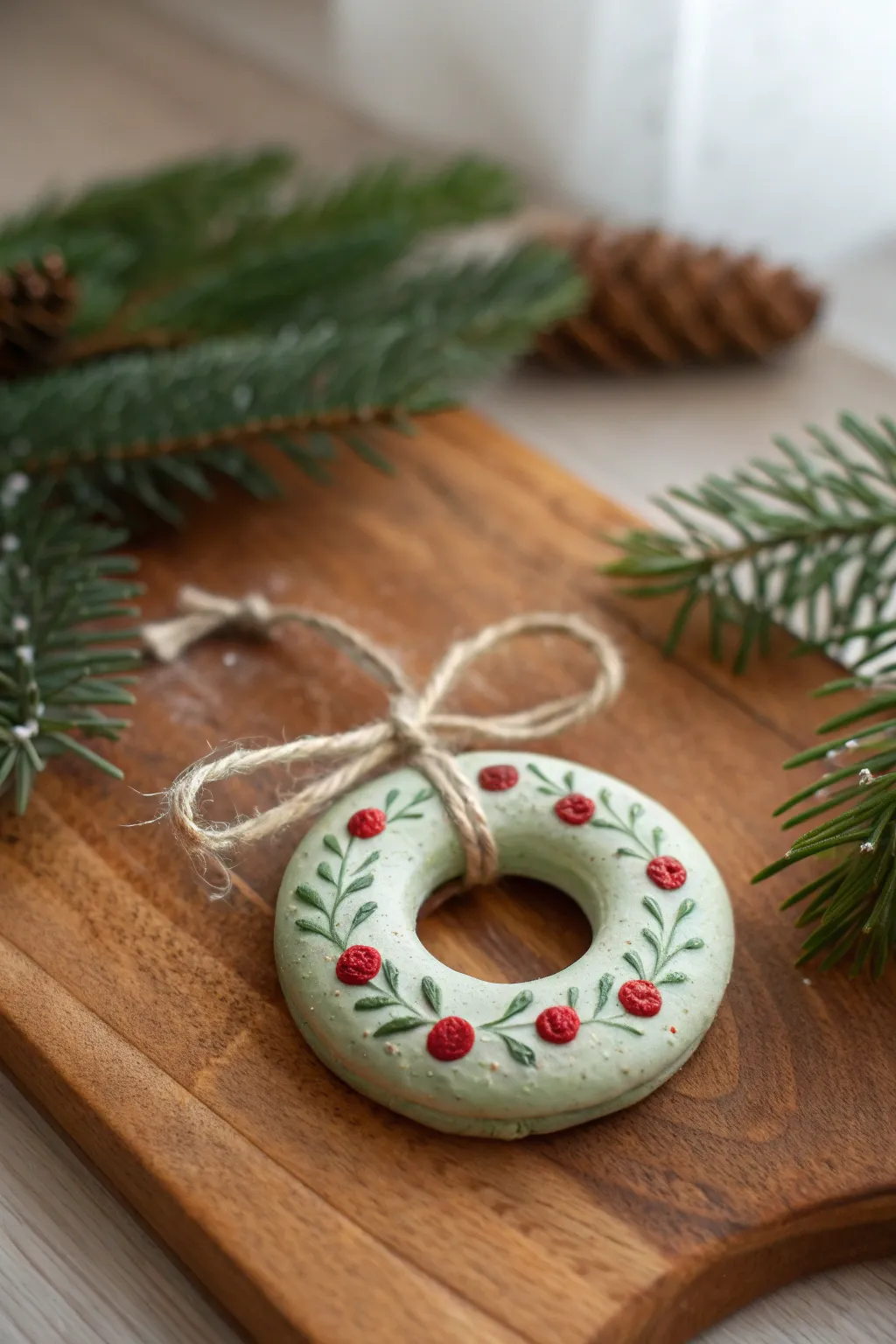 Mini salt dough wreath ornament in sage green with dotted berries and a simple twine bow