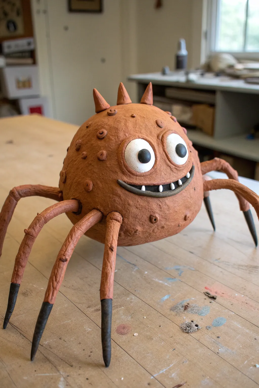 Spider-Leg Head Creeper clay monster with spindly legs, minimal decor, eerie yet chic.
