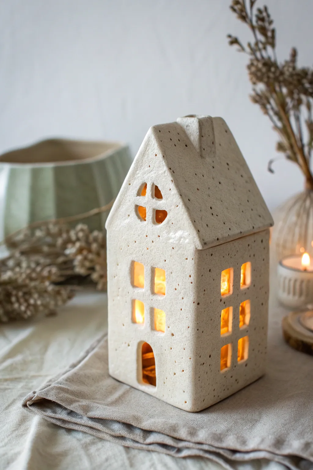Cozy spooky glow: minimalist clay haunted house tealight holder with charmingly wonky windows