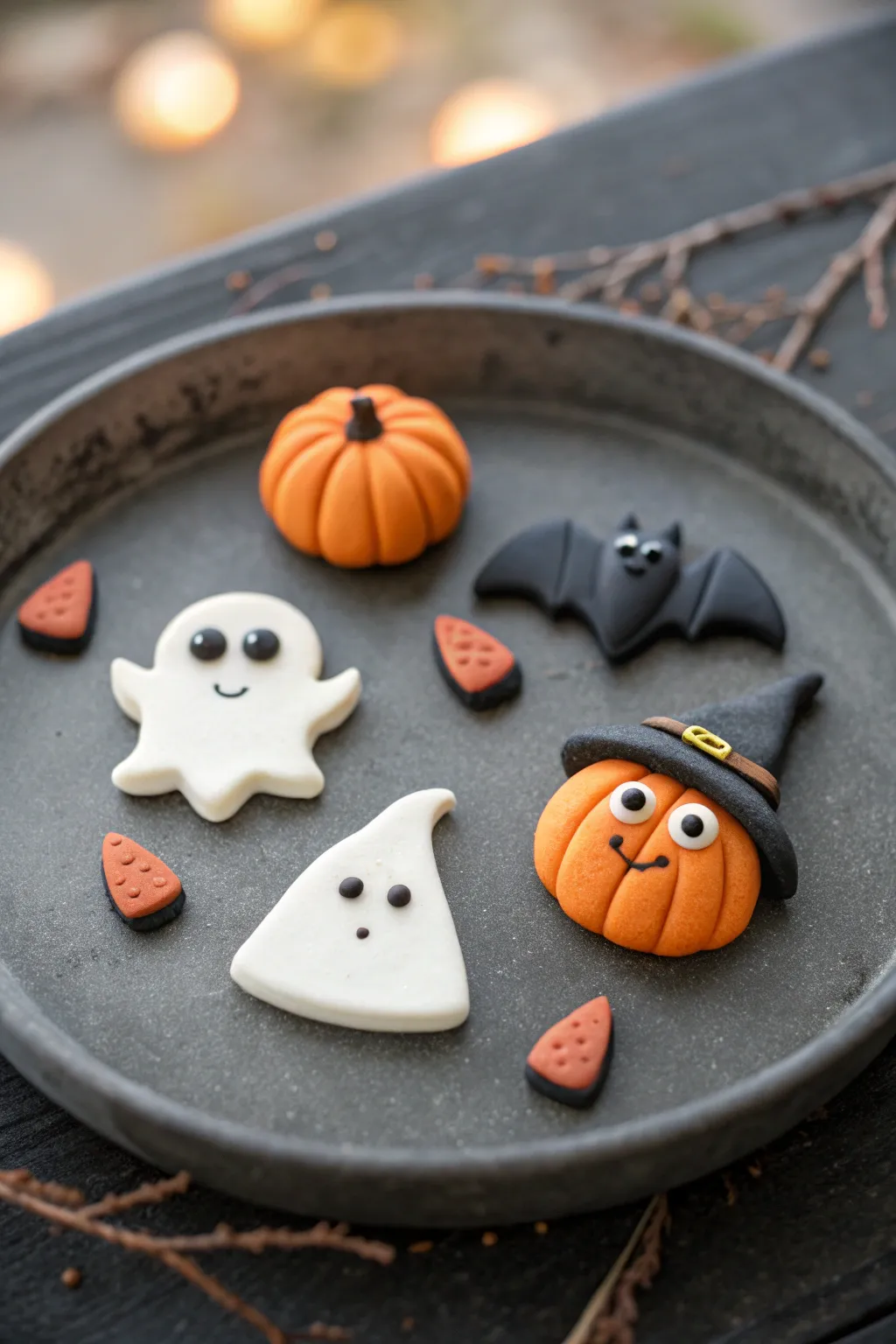 Halloween mini polymer clay magnets: ghost, bat, pumpkin and witch hat, finished in a day