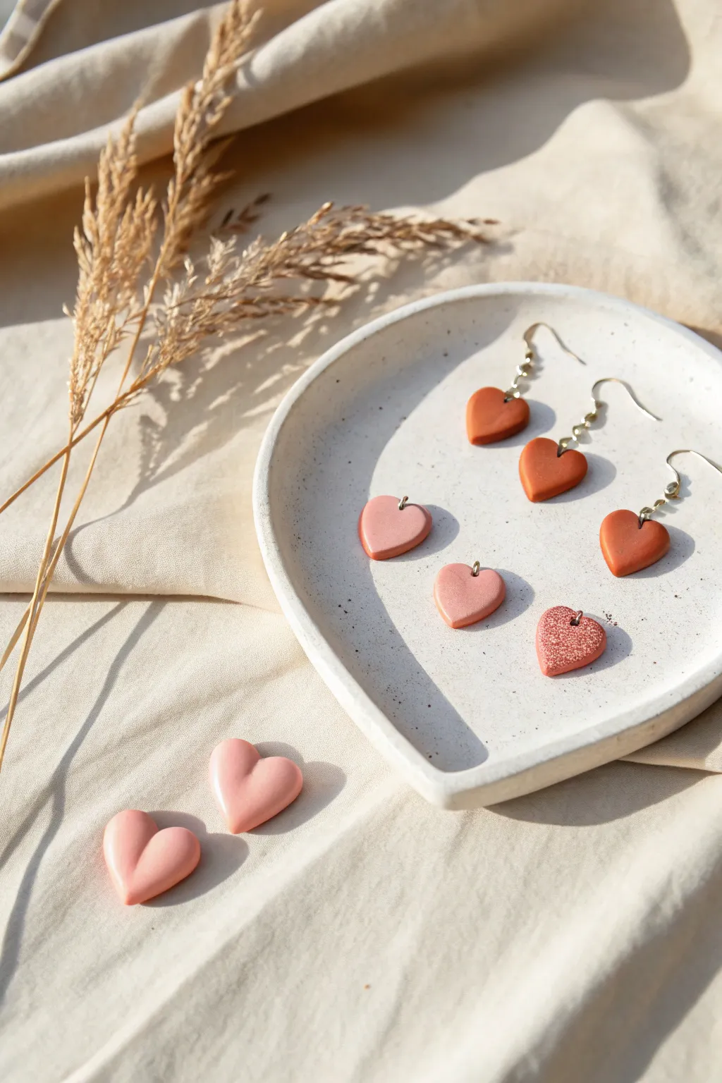 Chunky puffy heart studs and a matching charm in beginner-friendly Sculpey colors.
