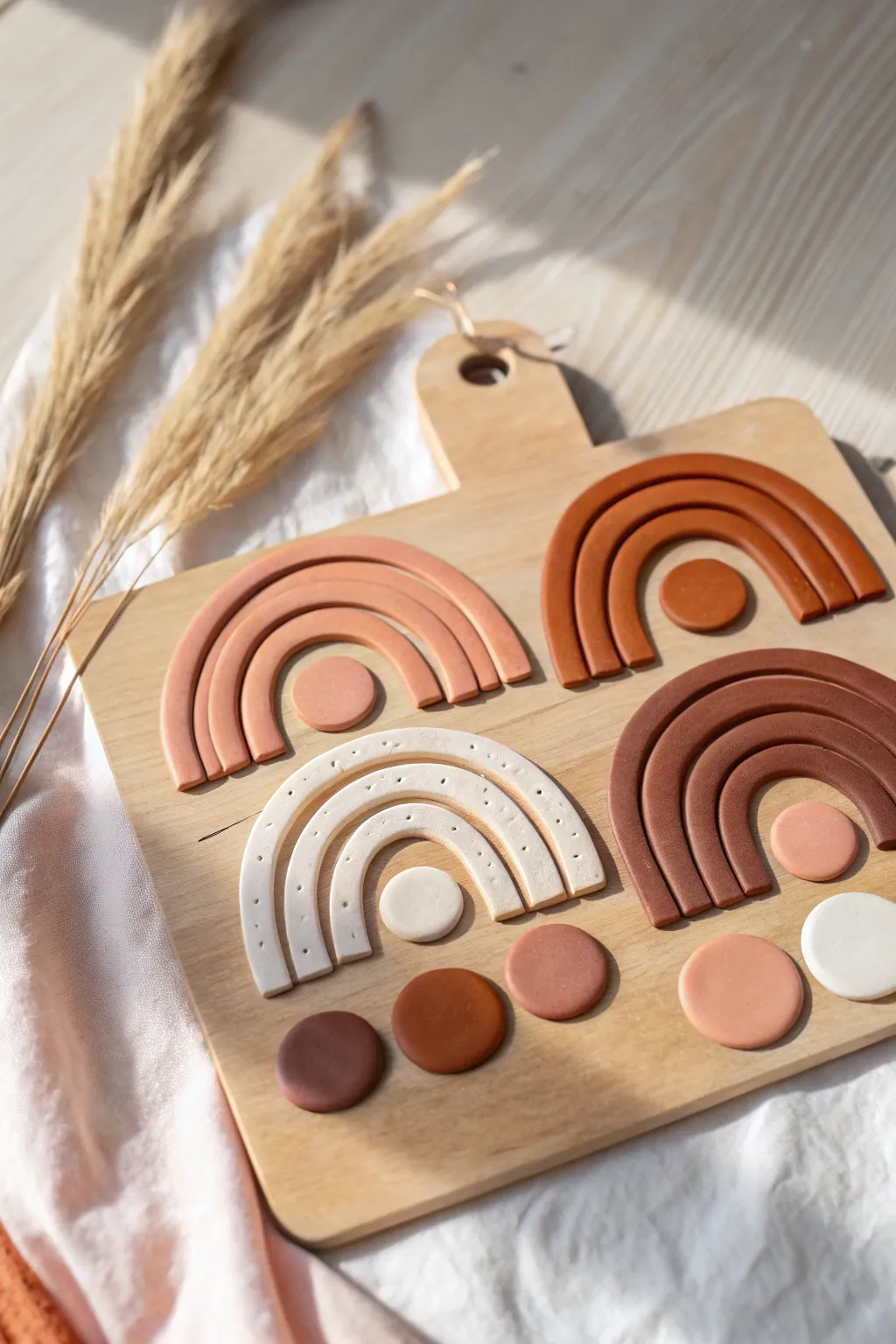 Soft ombre polymer clay cutouts in modern shapes, styled minimal for Scandinavian calm.