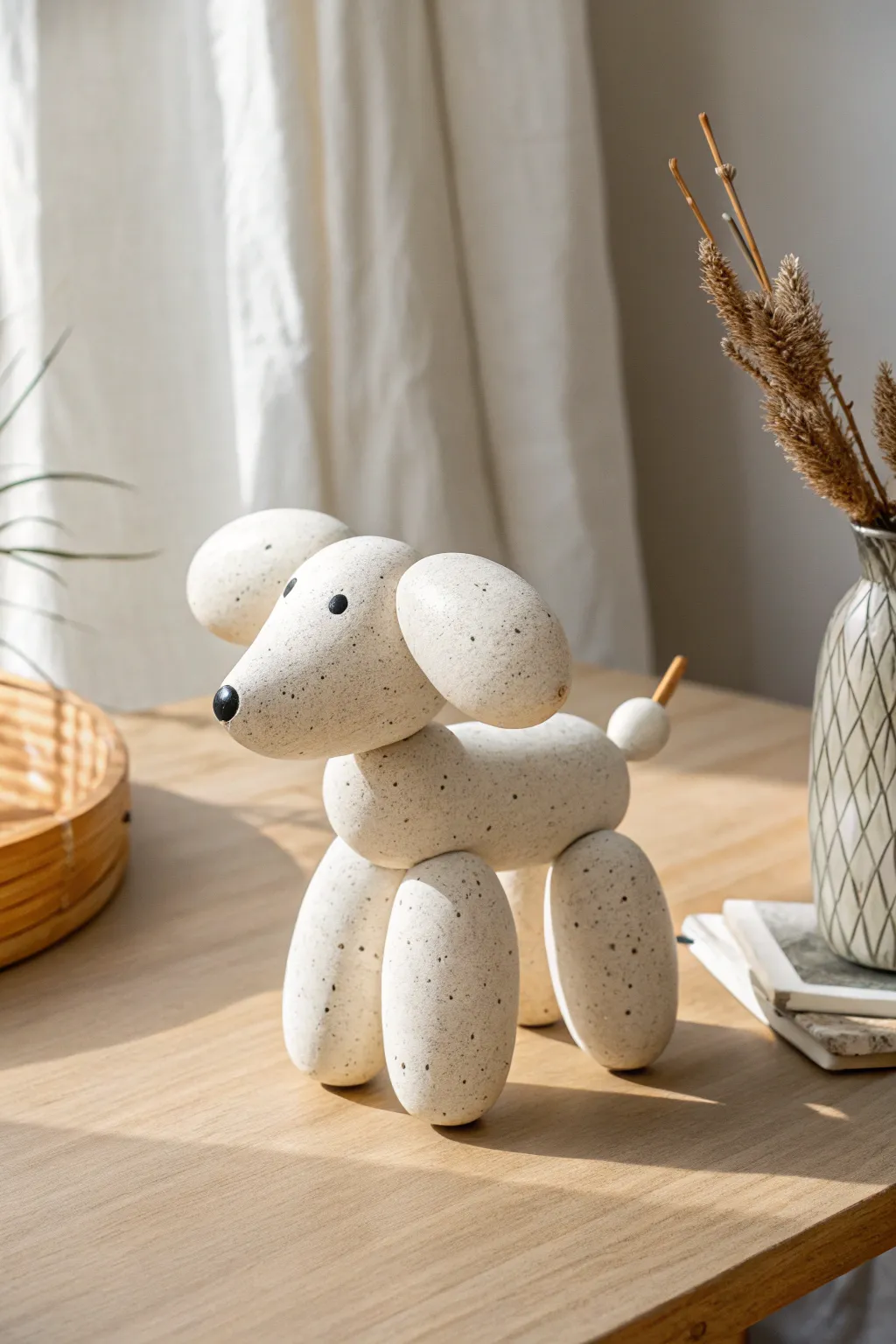 Balloon-style clay puppy sculpture idea: simple chunky tubes, minimal and cute on a clean tabletop.