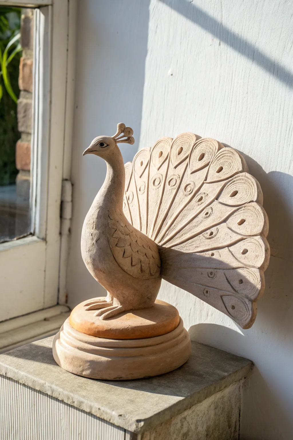 Minimalist clay peacock with textured feather fan, carved lines, and soft sunlit shadows.
