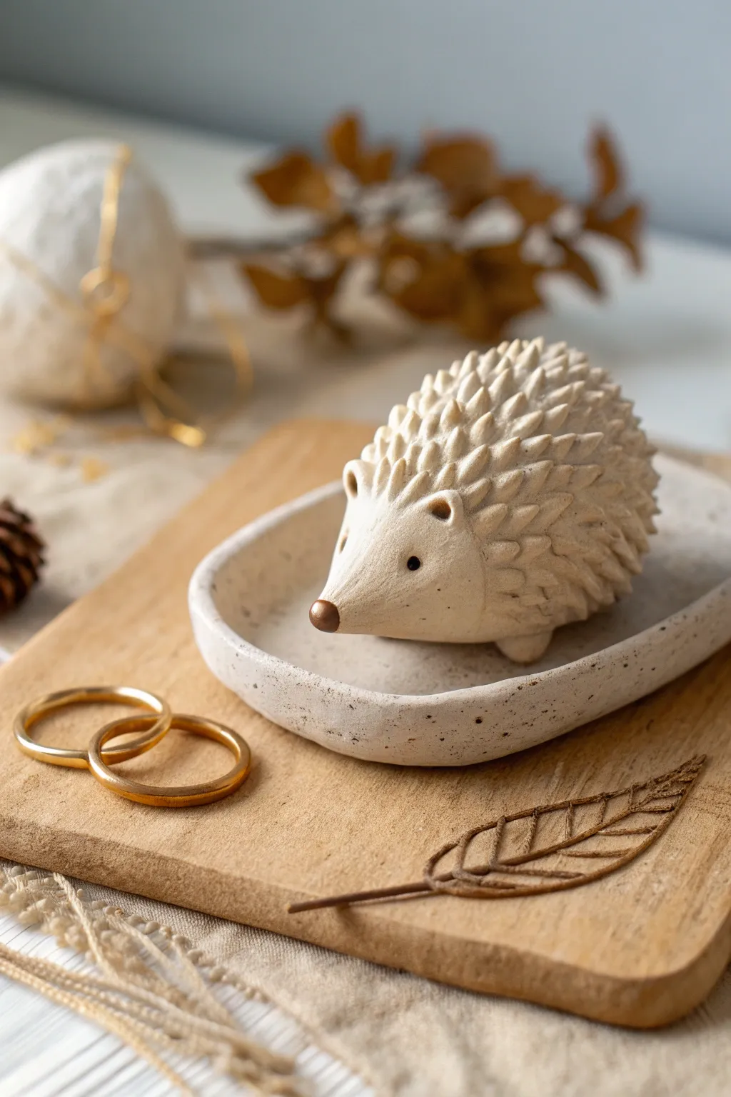 Minimal clay hedgehog ring holder with cozy textured back and a simple groove for your rings.