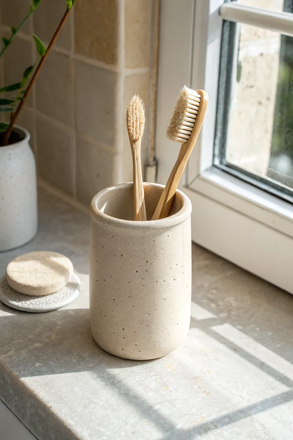 Minimal air-dry clay cup with a satin faux-ceramic finish for brushes or toothbrushes.
