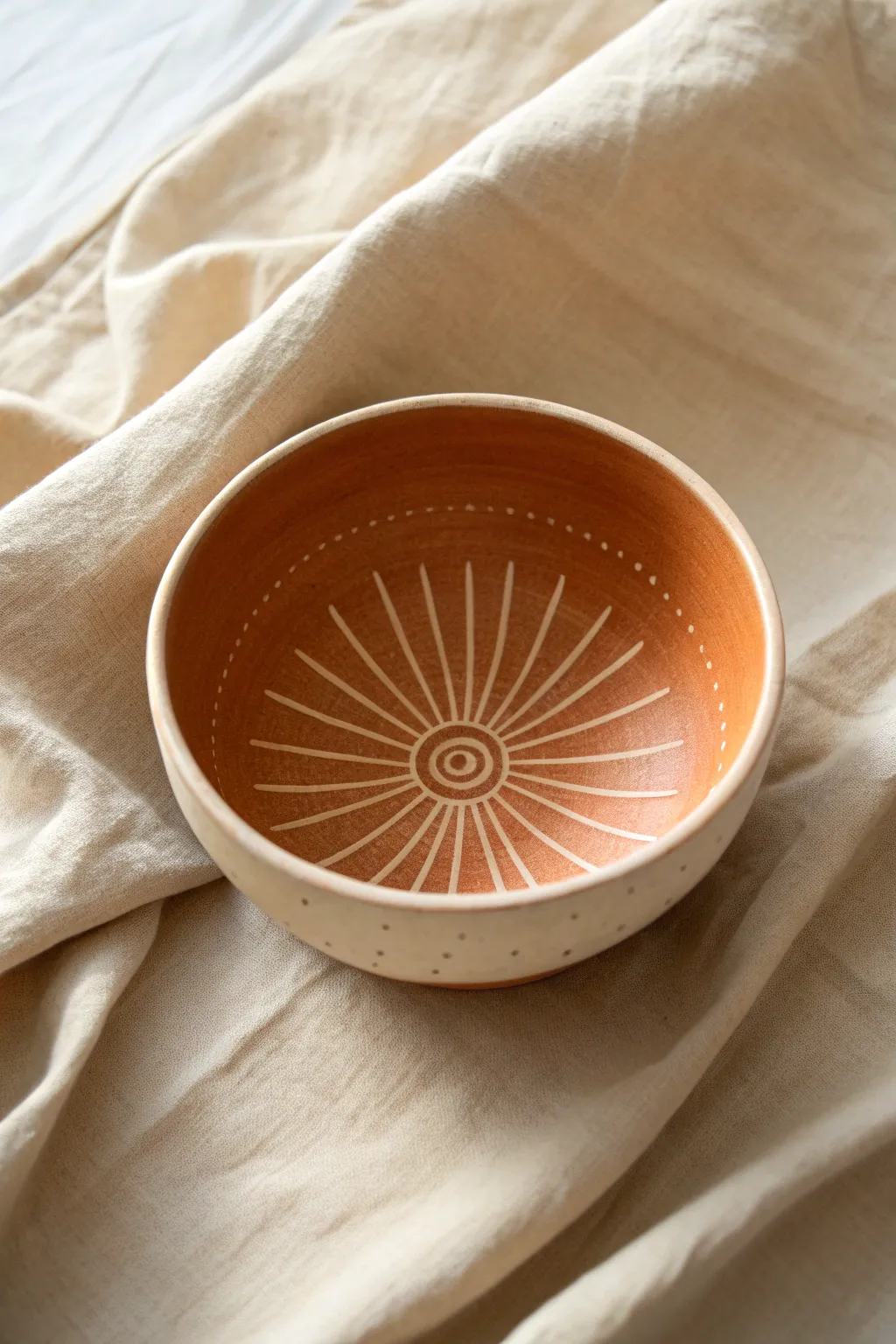 Radiant sgraffito sunburst bowl, carved rays from the center for an easy, modern finish