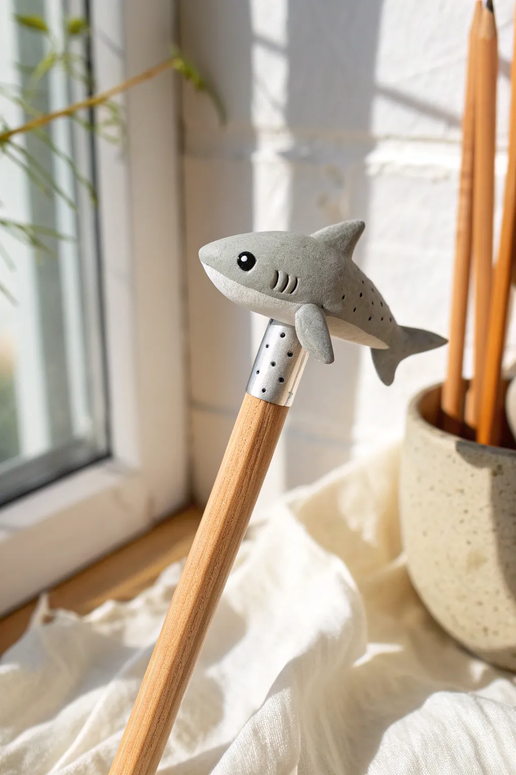 Cute mini clay shark pencil topper in soft Scandinavian style, simple handmade charm, high contrast