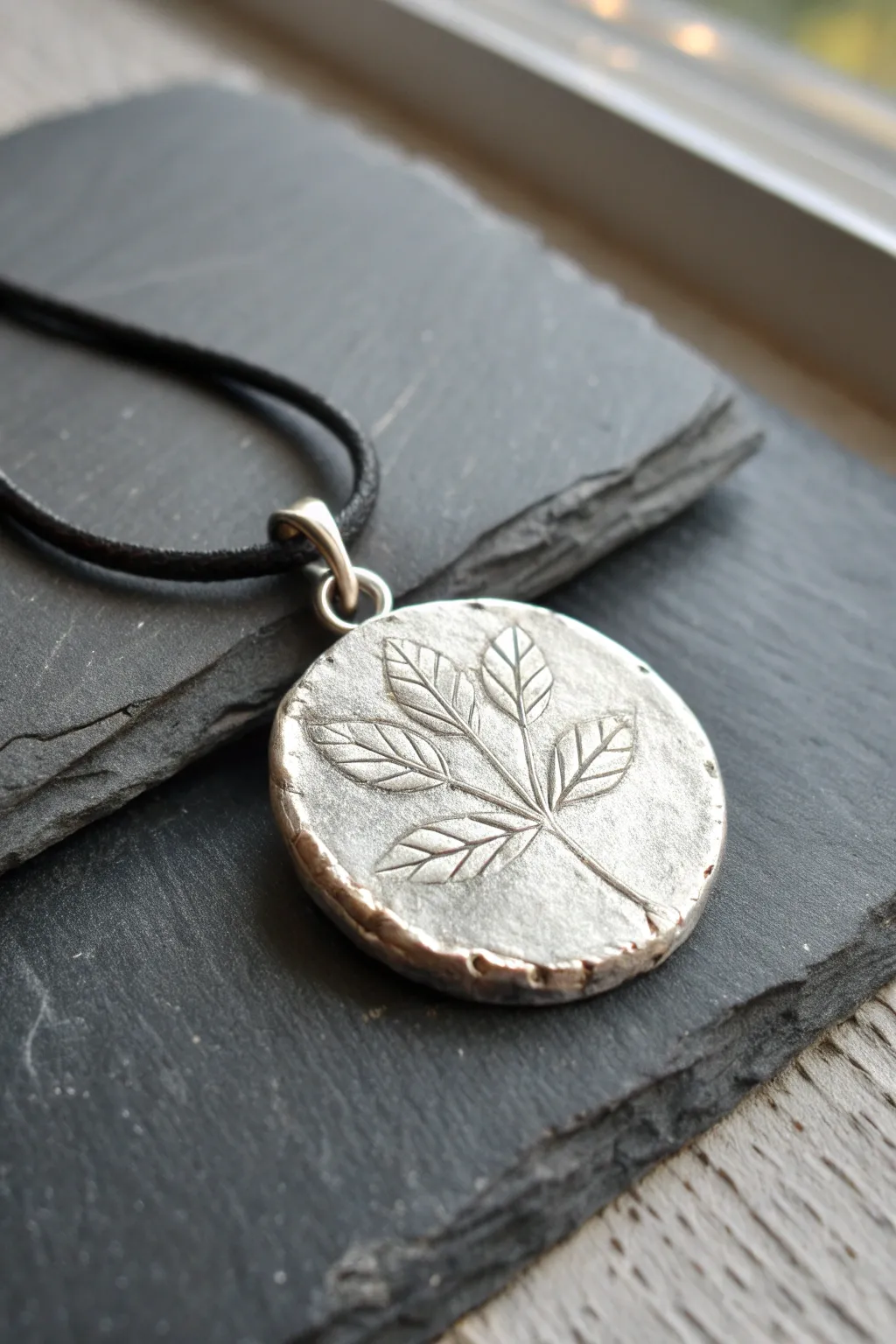 Torn-edge silver clay medallion with raw texture and bright rim, minimalist boho charm.