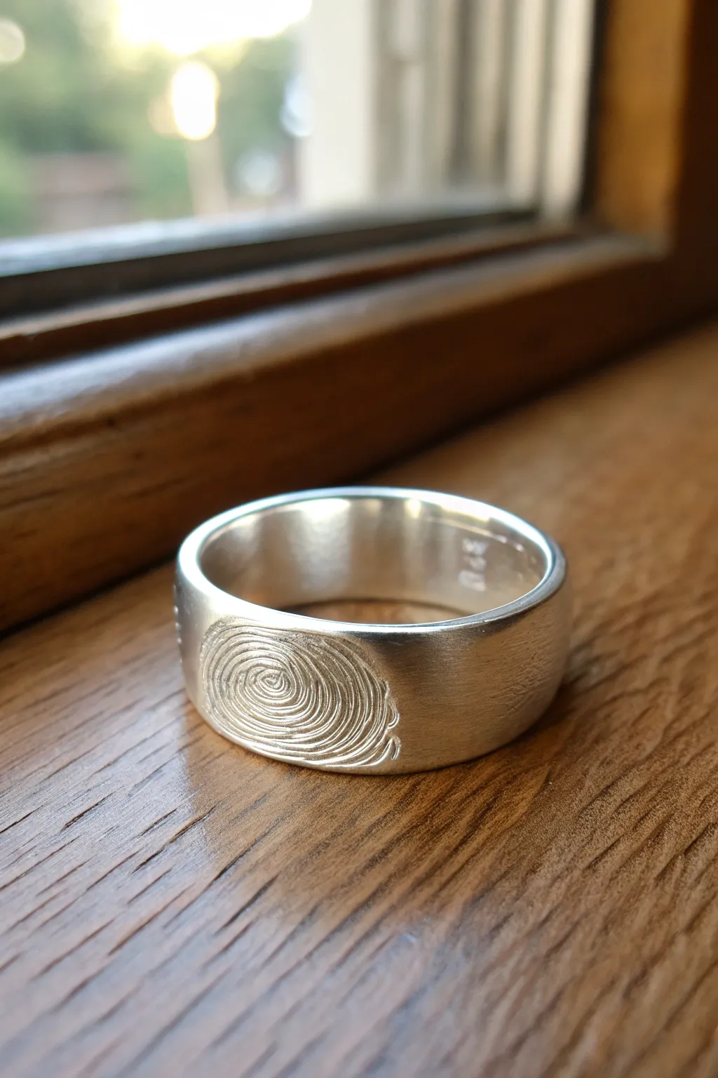 A minimalist silver clay keepsake ring featuring a crisp fingerprint texture on warm wood.