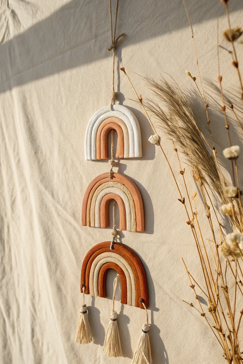 Soft boho arch wall hanging in air-dry clay, simple neutral shapes for calm decor.