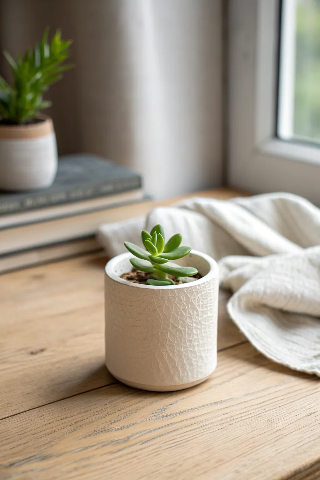A simple air dry clay succulent planter that doubles as a minimalist desk catchall.