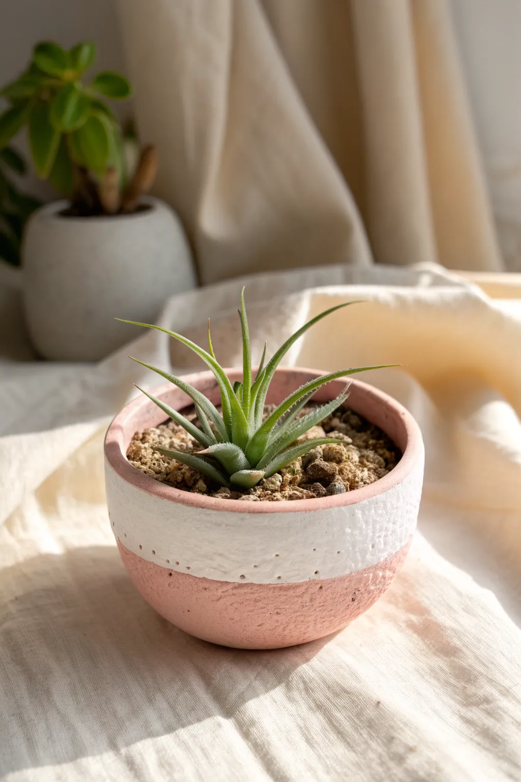 Mini pastel pinch planter with a single air plant, a sweet first air dry clay project